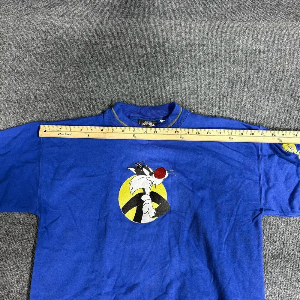 Vintage Looney Tunes Sweatshirt Boys 10-12 Blue Sylvester Tweety Fleece 90s